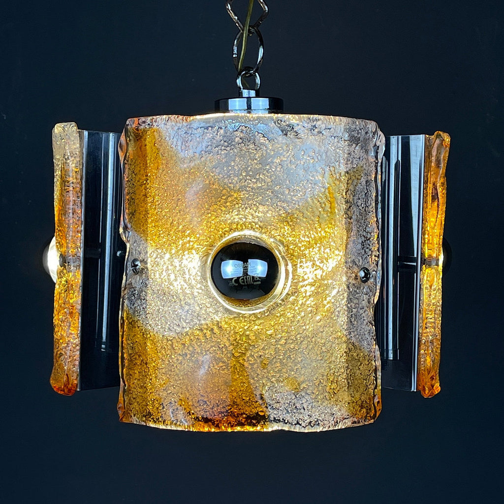 Suspension vintage en verre de Murano texturé et chrome – Italie, années 1970
