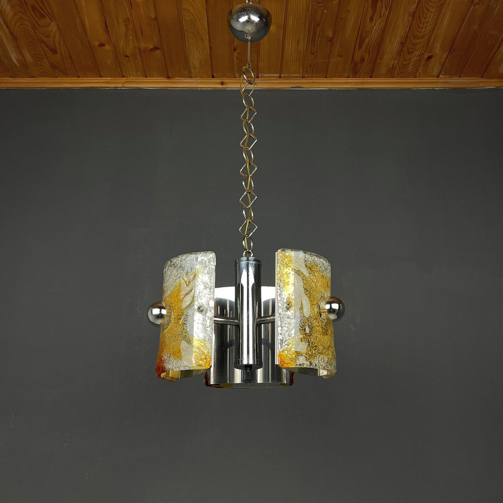 Suspension vintage en verre de Murano texturé et chrome – Italie, années 1970